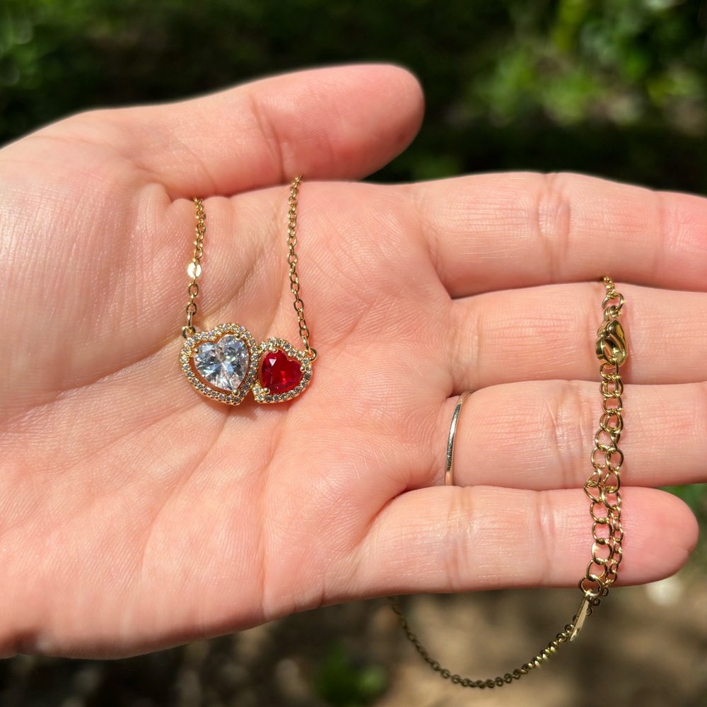 18K Gold Plated Stainless Steel Ruby Red Diamond Heart Necklace